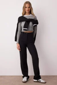 TRENDYOLMİLLA Black Thick Flexible Material Straight/Plain Cut High Waist Ribbed Stitched Pants
