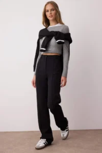 TRENDYOLMİLLA Black Thick Flexible Material Straight/Plain Cut High Waist Ribbed Stitched Pants - Image 2
