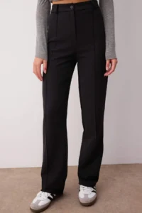 TRENDYOLMİLLA Black Thick Flexible Material Straight/Plain Cut High Waist Ribbed Stitched Pants - Image 3