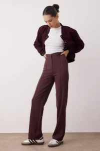TRENDYOLMİLLA Plum Thick Flexible Material Straight/Plain Cut High Waist Ribbed Stitched Pants - Image 2