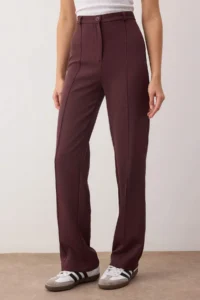 TRENDYOLMİLLA Plum Thick Flexible Material Straight/Plain Cut High Waist Ribbed Stitched Pants - Image 3