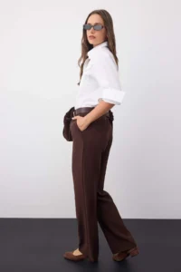 TRENDYOLMİLLA Wardrobe Essentials Dark Brown Internal Waist Adjustable Wide Leg Pants | - Image 3