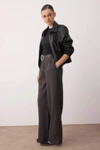 TRENDYOLMİLLA Gray Arched Wide Leg/Wide Leg Thick Dress Pants - Image 2