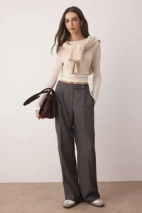 TRENDYOLMİLLA Gray Wide Leg/Wide Leg High Waist Weaving Pants