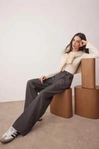 TRENDYOLMİLLA Gray Wide Leg/Wide Leg High Waist Weaving Pants - Image 2
