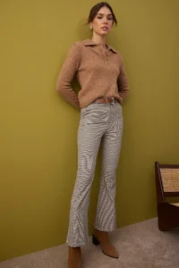 TRENDYOLMİLLA Brown-Multicolored Arched Flare Plaid Patterned Bootcut Pants - Image 2
