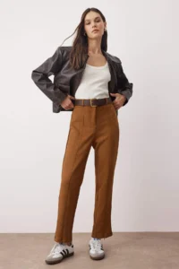 TRENDYOLMİLLA Tan Rib and Zipper Detailed Knitting Suede Pants