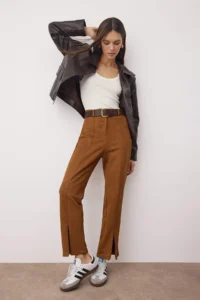 TRENDYOLMİLLA Tan Rib and Zipper Detailed Knitting Suede Pants - Image 2