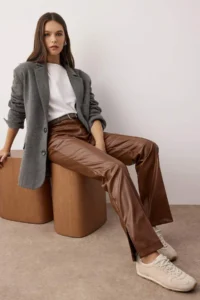TRENDYOLMİLLA Brown Faux Leather Flare Bootcut Pants