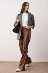 TRENDYOLMİLLA Brown Faux Leather Flare Bootcut Pants - Image 2