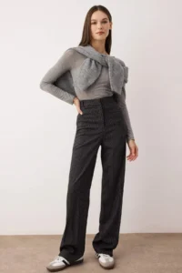 TRENDYOLMİLLA Anthracite Thick Paneled/Winter Striped Wide Leg Back Elastic Dress Pants