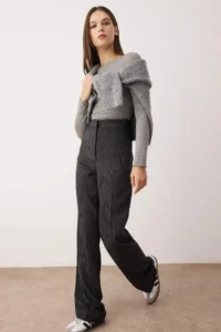 TRENDYOLMİLLA Anthracite Thick Paneled/Winter Striped Wide Leg Back Elastic Dress Pants - Image 2