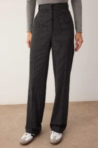 TRENDYOLMİLLA Anthracite Thick Paneled/Winter Striped Wide Leg Back Elastic Dress Pants - Image 3