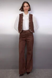 TRENDYOLMİLLA Brown Flare/flared leg Trok Detailed Knitting Suede Pants