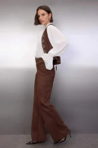 TRENDYOLMİLLA Brown Flare/flared leg Trok Detailed Knitting Suede Pants - Image 2