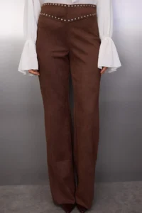 TRENDYOLMİLLA Brown Flare/flared leg Trok Detailed Knitting Suede Pants - Image 3