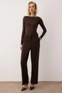 TRENDYOLMİLLA  Special Collection Draped Brown ribbed Wide Leg/Wide Leg Pants - Image 2