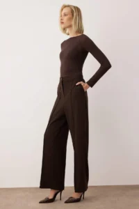 TRENDYOLMİLLA  Special Collection Draped Brown ribbed Wide Leg/Wide Leg Pants - Image 3