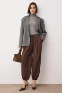 TRENDYOLMİLLA Dark Brown Şalwar Pattern Elastic Waist Weaving Pants