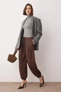 TRENDYOLMİLLA Dark Brown Şalwar Pattern Elastic Waist Weaving Pants - Image 2