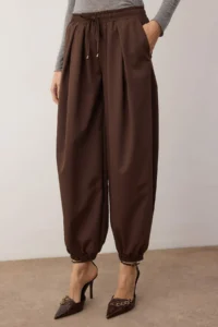 TRENDYOLMİLLA Dark Brown Şalwar Pattern Elastic Waist Weaving Pants - Image 3