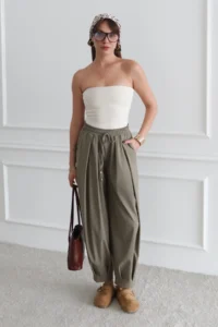 TRENDYOLMİLLA Khaki Şalwar Pattern Elastic Waist Weaving Pants