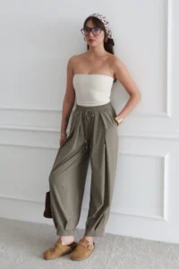 TRENDYOLMİLLA Khaki Şalwar Pattern Elastic Waist Weaving Pants - Image 2