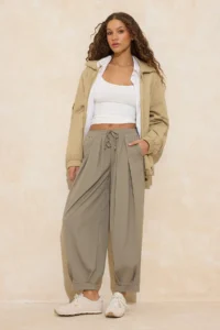 TRENDYOLMİLLA Khaki Şalwar Pattern Elastic Waist Weaving Pants - Image 5