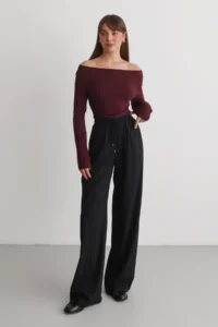 TRENDYOLMİLLA Black Burgundy Striped Elastic Waist Wideleg/Wide Leg  Weaving Pants