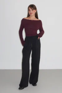 TRENDYOLMİLLA Black Burgundy Striped Elastic Waist Wideleg/Wide Leg  Weaving Pants - Image 2