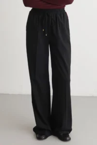 TRENDYOLMİLLA Black Burgundy Striped Elastic Waist Wideleg/Wide Leg  Weaving Pants - Image 4