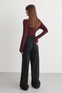 TRENDYOLMİLLA Black Burgundy Striped Elastic Waist Wideleg/Wide Leg  Weaving Pants - Image 5