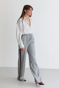 TRENDYOLMİLLA Gray Burgundy Striped Elastic Waist Wideleg/Wide Leg Weaving Pants - Image 2