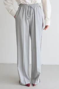 TRENDYOLMİLLA Gray Burgundy Striped Elastic Waist Wideleg/Wide Leg Weaving Pants - Image 3