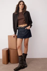 TRENDYOLMiLLA Dark Blue Belt Detailed Skirt Look Denim Shorts Skirt - Image 2