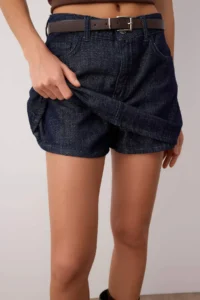 TRENDYOLMiLLA Dark Blue Belt Detailed Skirt Look Denim Shorts Skirt - Image 3
