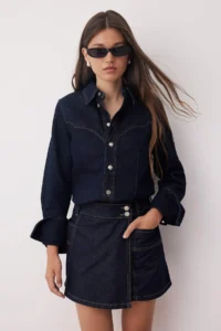 TRENDYOLMiLLA Dark Blue Pocket Detail Double breasted denim Shorts Skirt - Image 2