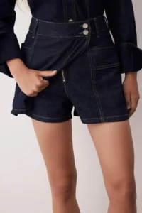 TRENDYOLMiLLA Dark Blue Pocket Detail Double breasted denim Shorts Skirt - Image 3
