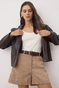 TRENDYOLMiLLA Beige Velvet Basic City Size Shorts & Bermuda - Image 2