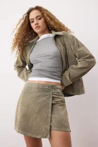 TRENDYOLMiLLA Beige Suede Look Flock Printed Mini Denim Shorts Skirt