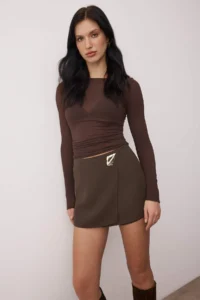 TRENDYOLMİLLA Brown Accessory Detailed Weaving Shorts Skirt - Image 2