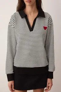 TRENDYOLMİLLA Black Striped Heart Embroidered Regular/Normal Pattern Knitting Sweatshirt - Image 7