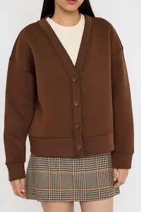 TRENDYOLMİLLA Brown Oversized/Wide Pattern V-neck Full Button Closure Thick Flexible Knitting Sweatshirt - Image 3