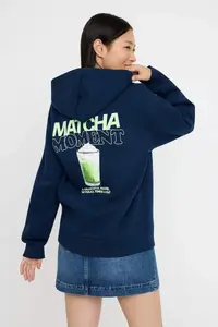 TRENDYOLMİLLA Navy Blue Overize/Wide Pattern Matcha Back Printed Thick Fleece Inside Knitting Sweatshirt