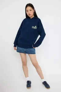 TRENDYOLMİLLA Navy Blue Overize/Wide Pattern Matcha Back Printed Thick Fleece Inside Knitting Sweatshirt - Image 2