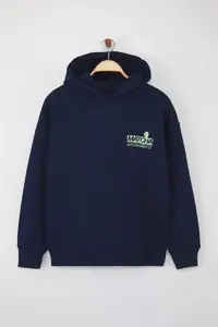 TRENDYOLMİLLA Navy Blue Overize/Wide Pattern Matcha Back Printed Thick Fleece Inside Knitting Sweatshirt - Image 7