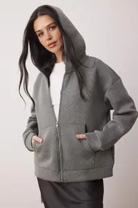 TRENDYOLMİLLA Wardrobe Essentials – Anthracite Melange Oversized Hooded Knitting Sweatshirt |