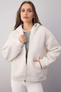TRENDYOLMİLLA Wardrobe Essentials – Beige Melange Oversized Hooded Knitting Sweatshirt | - Image 2