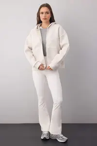 TRENDYOLMİLLA Wardrobe Essentials – Beige Melange Oversized Hooded Knitting Sweatshirt | - Image 3