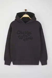 TRENDYOLMİLLA Anthracite Oversized/Wide Pattern Cherry Back Printed Thick Fleece Inside Knitting Sweatshirt - Image 6